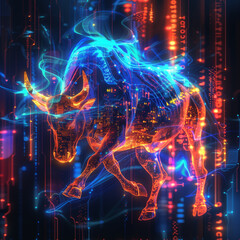 Digital illustration of a bull on a dynamic stock market background