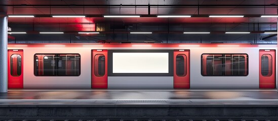 A red and white train is parked at the train station. The train is stationary, with no passengers boarding or disembarking. The station appears to be bustling with activity, with other trains coming - obrazy, fototapety, plakaty
