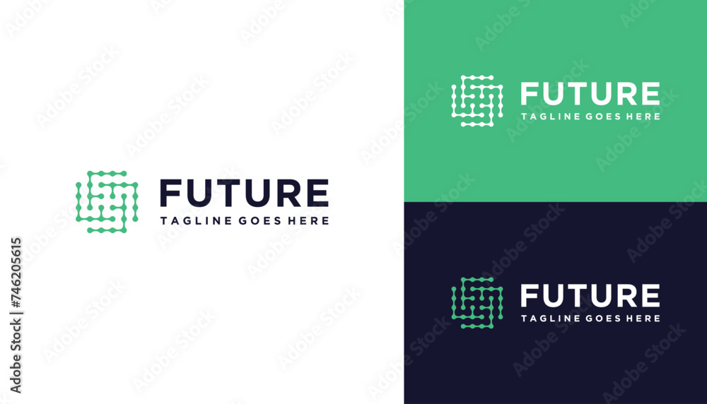 Poster rotating initial letter f with dots digital wire line square framework for futuristic network techno