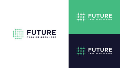 Rotating Initial Letter F with Dots Digital Wire Line Square Framework For Futuristic Network Technology Logo Design