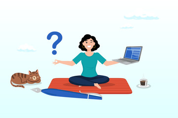 Businesswoman lotus meditate to solve work problem, solve problem, contemplation or relaxation help find solution, focus or calm mindfulness to get answer, understanding or brainstorming (Vector)