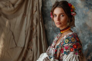 Elegant Ukrainian Woman in Traditional Embroidered Vyshyvanka with Floral Headdress - obrazy, fototapety, plakaty