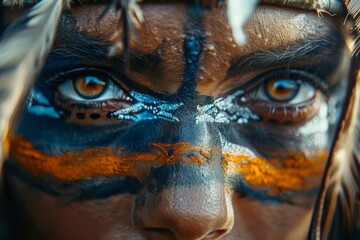 A detailed close-up of a tribal shaman with traditional face paint, her eyes reflecting the spirit animals of her ancient forest homeland.