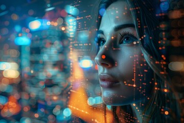 a visionary woman with a digitalized cityscape overlaying her profile, symbolizing a connection between the human mind and urban technological advancements.