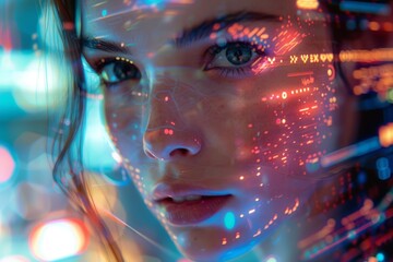 a visionary woman with a digitalized cityscape overlaying her profile, symbolizing a connection between the human mind and urban technological advancements.