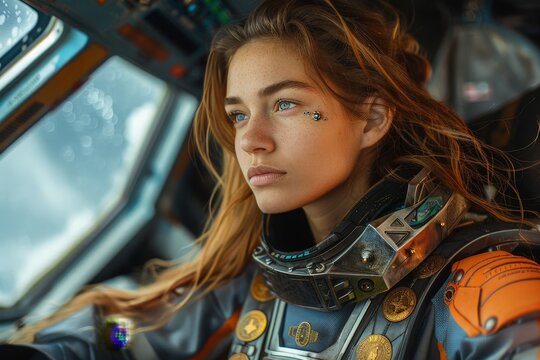 A portrait of a space traveler with a starship's command deck visible in the background, her suit adorned with intergalactic medals