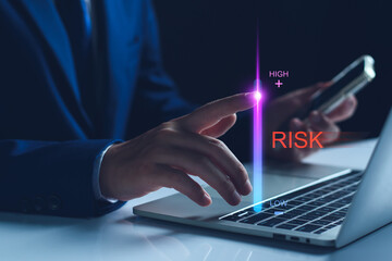 Risk manage, Business risk assessment. Businessman assess investment, Safety control risk. Reduce...