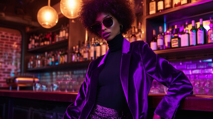Fototapeta premium A purple velvet blazer with metallic detailing worn over a black turtleneck and wideleg pants. The dimlylit nightclub provides a moody ambiance for this rockstarinspired look.