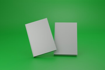 two blank white books standing on a green background with light shadows, 3d rendering