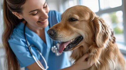 Beautiful Female Veterinarian Petting a Noble Golden Retriever Dog. Healthy Pet on a Check Up Visit in Modern Veterinary Clinic with Happy Caring Doctor. copy space for text.