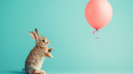 An Easter bunny and a flying pink balloon on a turquoise background.