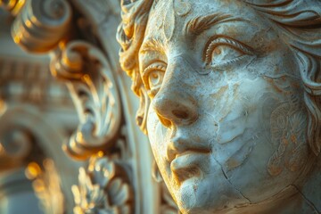 The intricate details of a classical statue captured in a baroque architectural setting, showcasing the timeless beauty of ancient artistry.