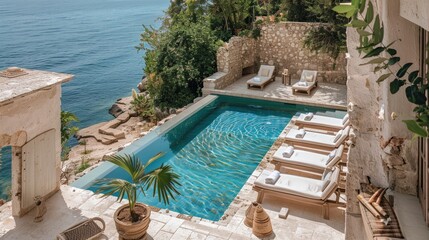 Fototapeta na wymiar Outdoor swimming pool at the villa on the seashore.