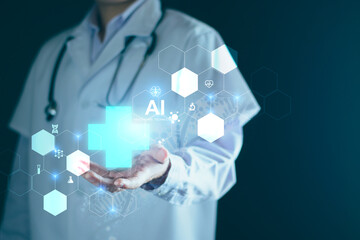 Medical technology, doctor use AI robots for diagnosis, care, and increasing accuracy patient treatment in future. Medical research and development innovation technology to improve patient health.