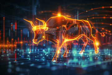 Fototapeta na wymiar Illuminated digital bull on abstract financial graph background 