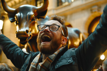 Joyful Man Celebrating Success Near Wall Street Bull Statue
