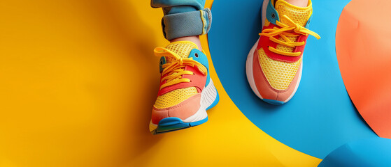 Bright sneakers positioned playfully on a duotone surface. - obrazy, fototapety, plakaty