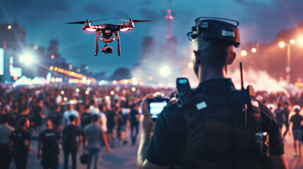 Security personnel flies drone above large crowd at sunset - obrazy, fototapety, plakaty