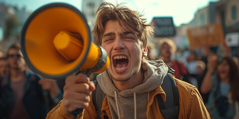 young man shouting through a megaphone at a demonstration