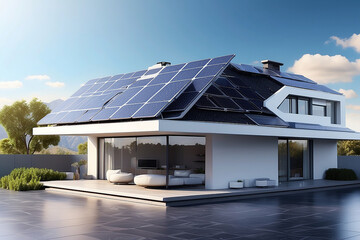 futuristic generic smart home with solar panels rooftop system for renewable energy concepts as wide banner with copy space area. Generative AI