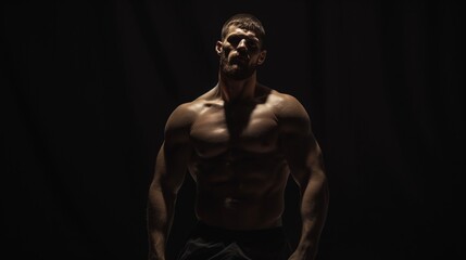 Fototapeta na wymiar Muscular model man on dark background. Fashion portrait of strong brutal guy.