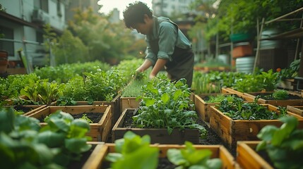 Generative AI : Urban community garden with local residents tending to vegetable plots - obrazy, fototapety, plakaty