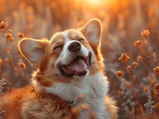Generative AI : Corgi dog smile and happy in summer sunny day