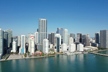 Aerial image of waterfront residential buildings in Brickell neighborhood of Miami, Florida...