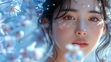 Generative AI : beautiful korean teenage girl, breathing the good scent, smell of freshness, smiling beautifully - obrazy, fototapety, plakaty