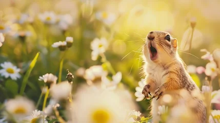 Tuinposter Generative AI : close up Small and lovely ground squirrel on a meadow among flowers during warm spring sunset.  © The Little Hut