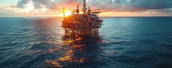 Generative AI : Panorama view of offshore oil and Gas processing platform in sunset time