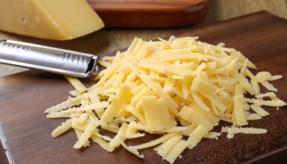 Grated slices of emmental on chopping board over the table