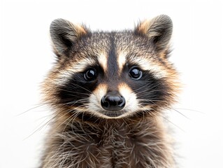Obraz premium Generative AI : Portrait of a cute funny raccoon, closeup, isolated on a white background