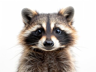 Generative AI : Portrait of a cute funny raccoon, closeup, isolated on a white background