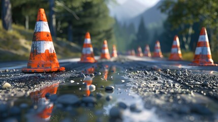 Construction cones marking part of road. - obrazy, fototapety, plakaty