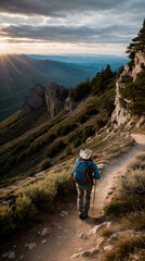 A man wearing a cowboy hat and backpack traveling in the mountains, a beautiful mountain sunset