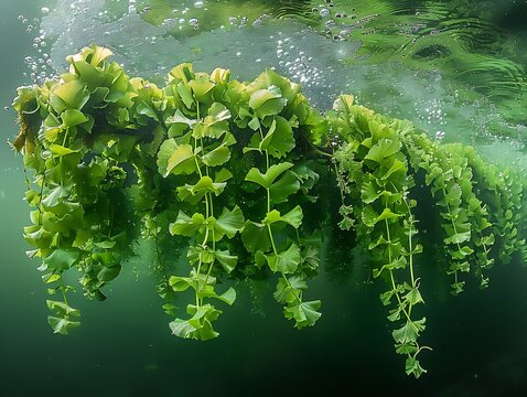 Generative AI : green seaweed ulva lactuca algae swing underwater with bubbles.