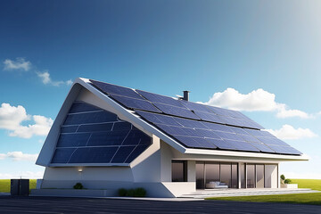 futuristic generic smart home with solar panels rooftop system for renewable energy concepts as wide banner with copy space area. Generative AI