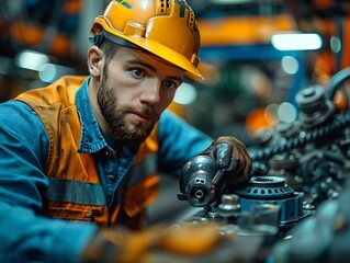 Generative AI : Industrial concept: worker in helmet repair detail in car auto service, close uptelephoto