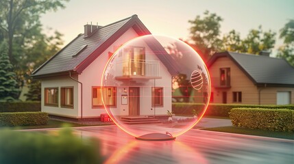 home protected by an alarm system in the form of a red dome around the house - obrazy, fototapety, plakaty