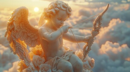 A statue of Cupid, the Roman god of love, depicted holding a bow and arrow in a classical pose. - obrazy, fototapety, plakaty