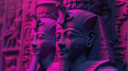 A close-up view of a 3D-printed representation of Ancient Egyptian culture, with vibrant hot pink accents that illuminate the darkness with a sense of foreboding - obrazy, fototapety, plakaty