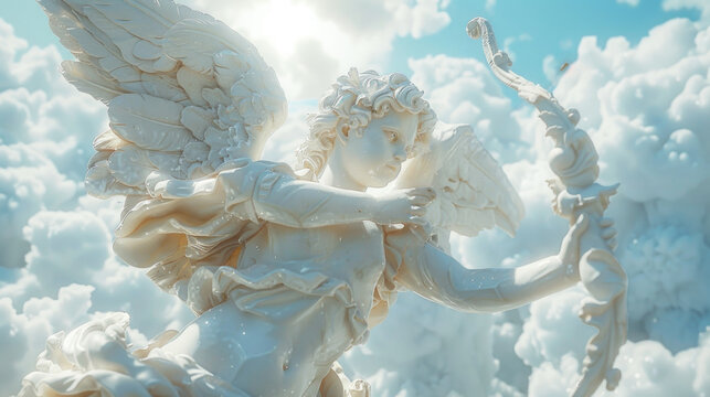 A detailed statue of an angel in the sky, holding a bow with clouds in the background.