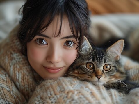 Generative AI : Asian young kindly cheerful female owner sitting on cozy sofa couch holding hugging
