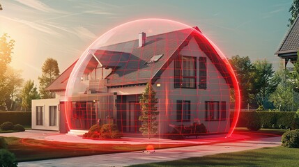 home protected by an alarm system in the form of a red dome around the house - obrazy, fototapety, plakaty