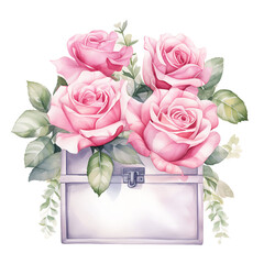 Soft Watercolor FramePink Roses and Greenery on Transparent Canvas