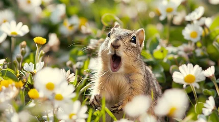 Foto op Canvas Generative AI : close up Small and lovely ground squirrel on a meadow among flowers during warm spring sunset.  © The Little Hut