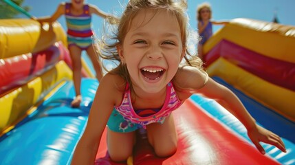 Happy kids playing on the inflatable bounce. - obrazy, fototapety, plakaty