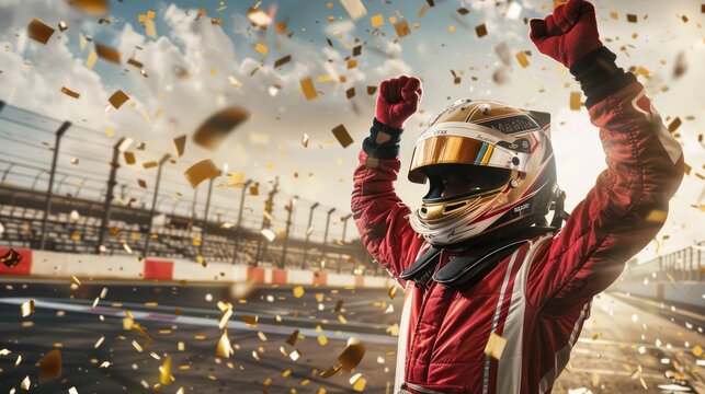 Formula one racing team driver celebrating victory on sports track with gold confetti.