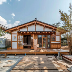 Fototapeta na wymiar Tiny one floor timber frame house with single front doors and terrace with korean theme design